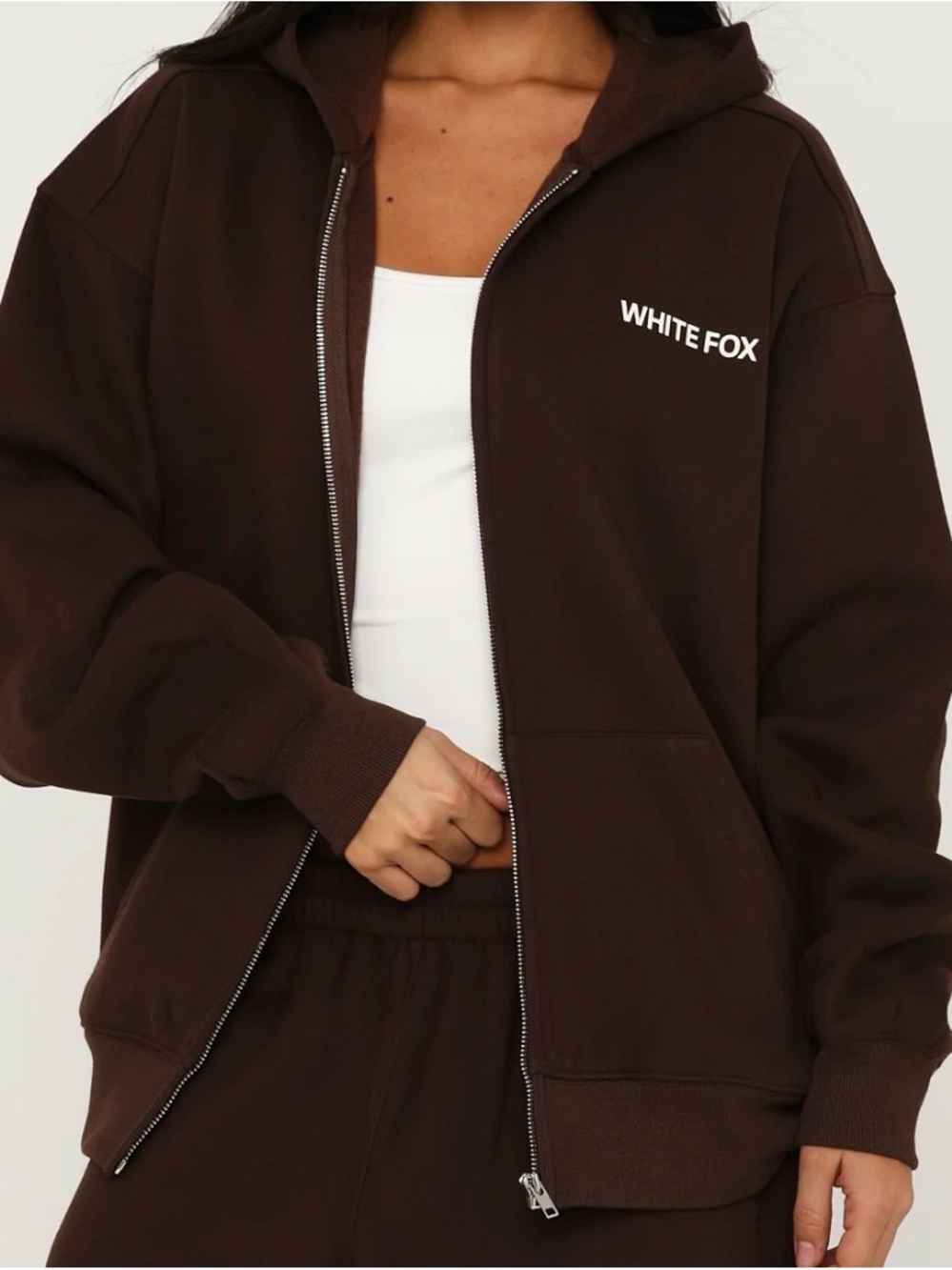 White Fox Boutique Brown Zip-Up Hoodie with White Logo